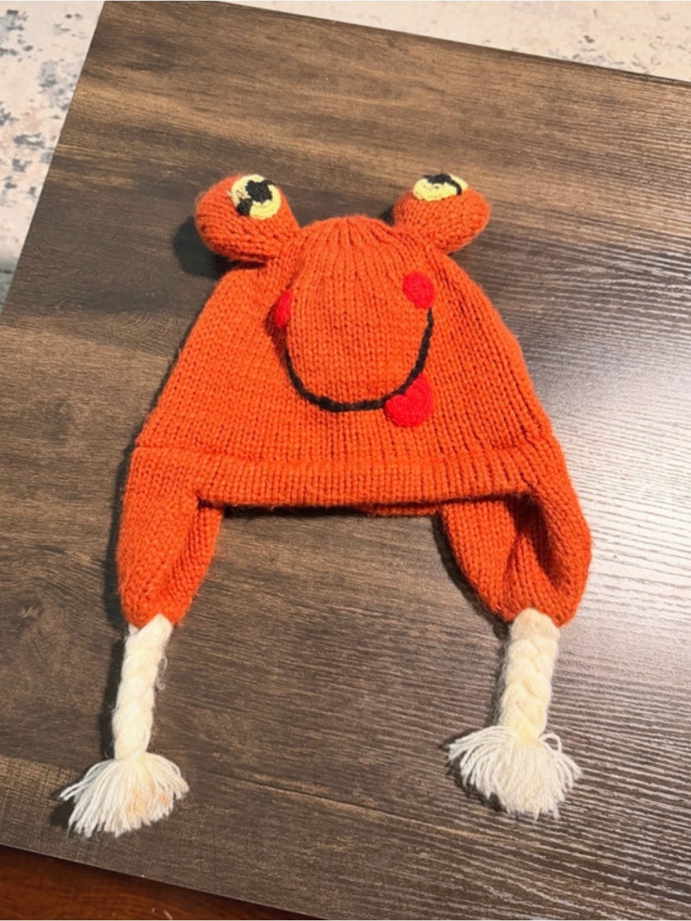 Kids Orange Knit Earflap Hat with Frog Design
